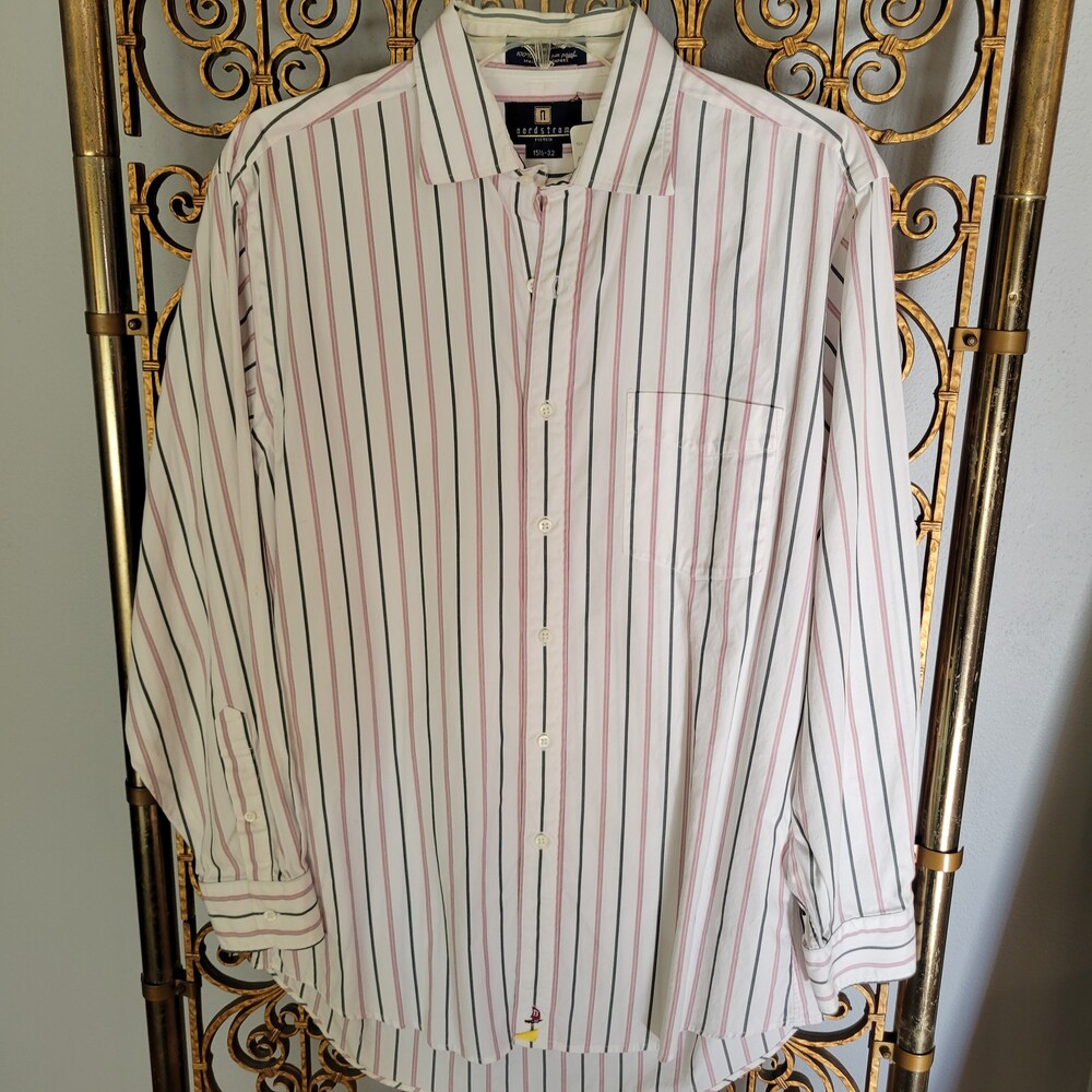 Vintage 80s Nordstrom Button Down Shirt 15 1/2 - 32 White Striped